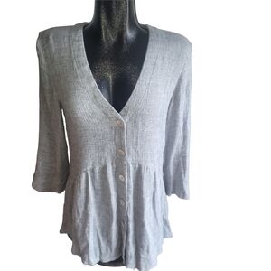 Zara Gray V-Neck Button-Up Top S